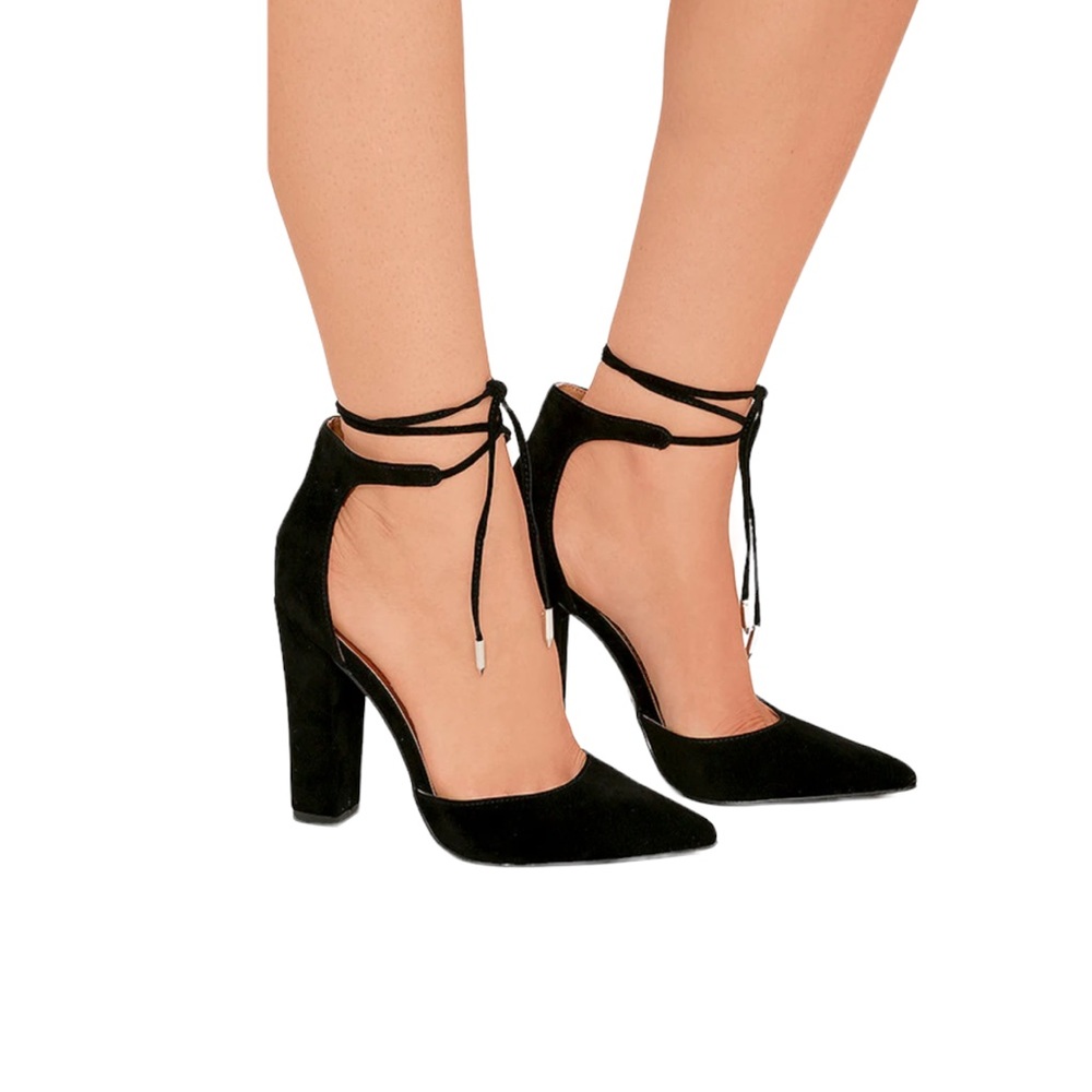 Lulu’s - Angela Black Suede Pointed Toe Strappy Block Heel Sz 7